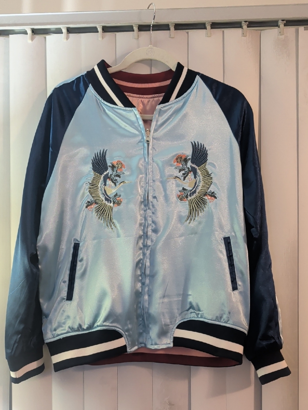 Reversible Light Blue Crane/ Pink Tiger Embroidered Bomber Jacket Large